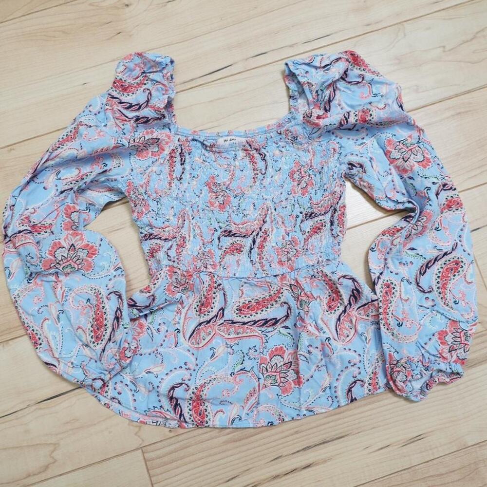 Mi Ami Blue Paisley Smocked Off-Shoulder Puff Sleeve Crop Top Boho Coquette S